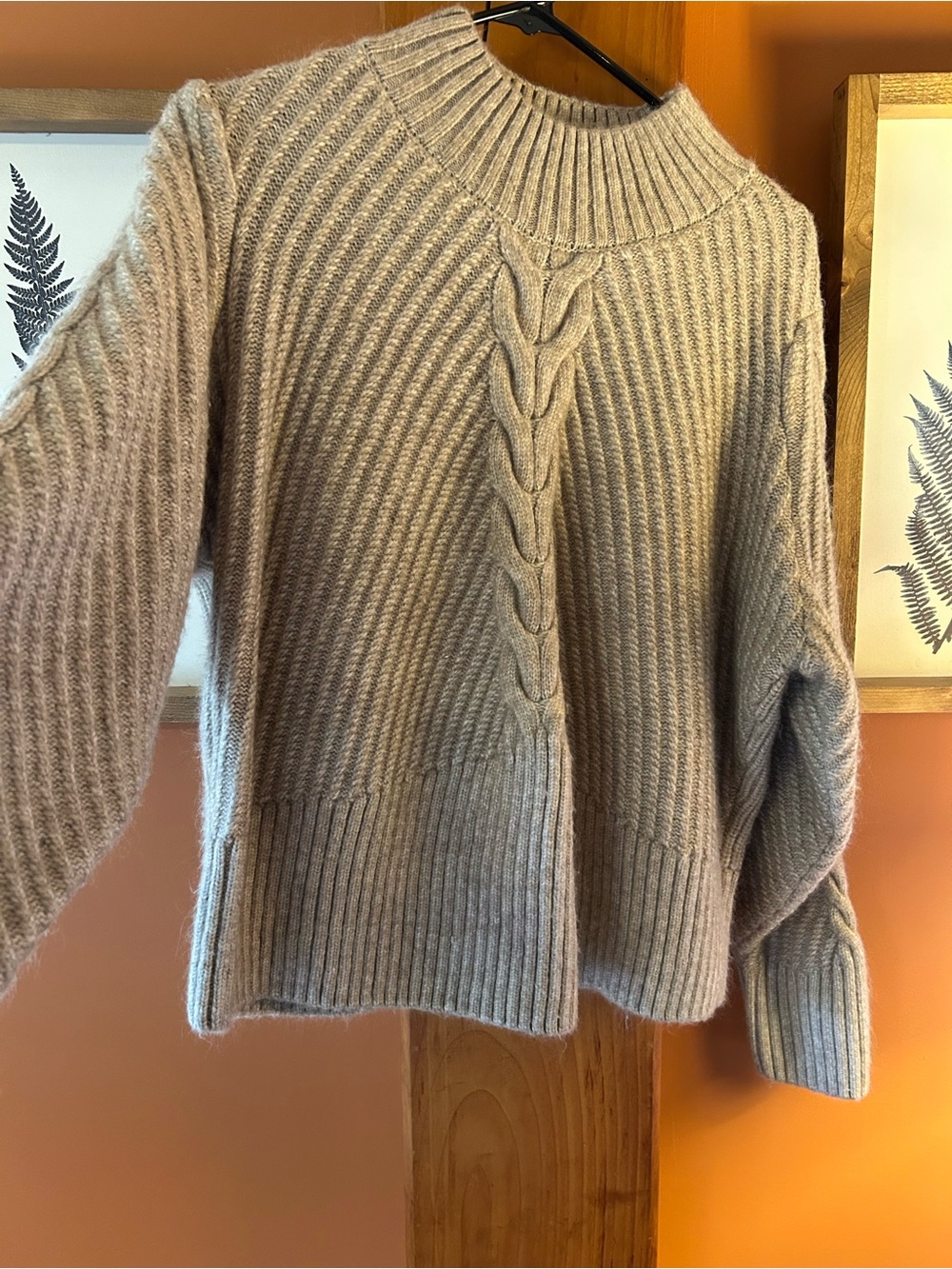 Cozy Taupe Cable-Front Ribbed Turtleneck Sweater